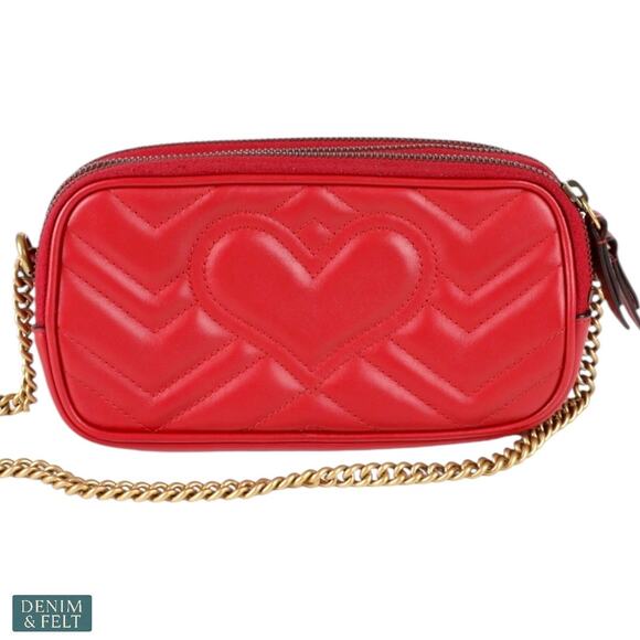 Gucci GG Marmont Mini Red Leather Triple Zip Crossbody Chain Bag/Purse Authentic - Picture 2 of 16